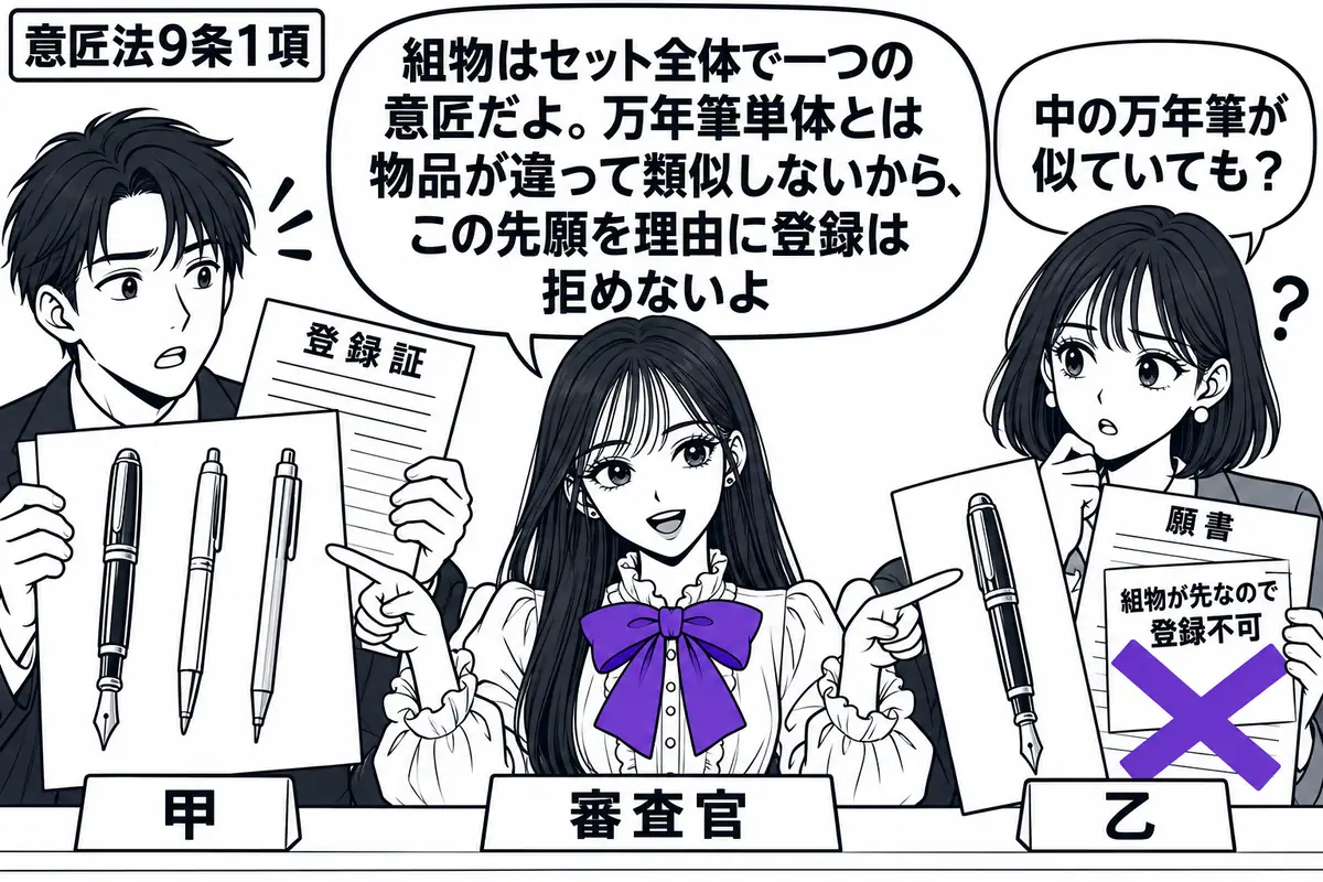 先生が中央の机で審査官役（札「審査官」）。左に筆記具セットの図面と登録証を持つ男性（札「甲」）、右に万年筆一本の図面を持つ女性（札「乙」）。乙の願書に貼った「組物が先なので登録不可」の付箋にヴァイオレットの×印。先生はセット全体と一本の図面