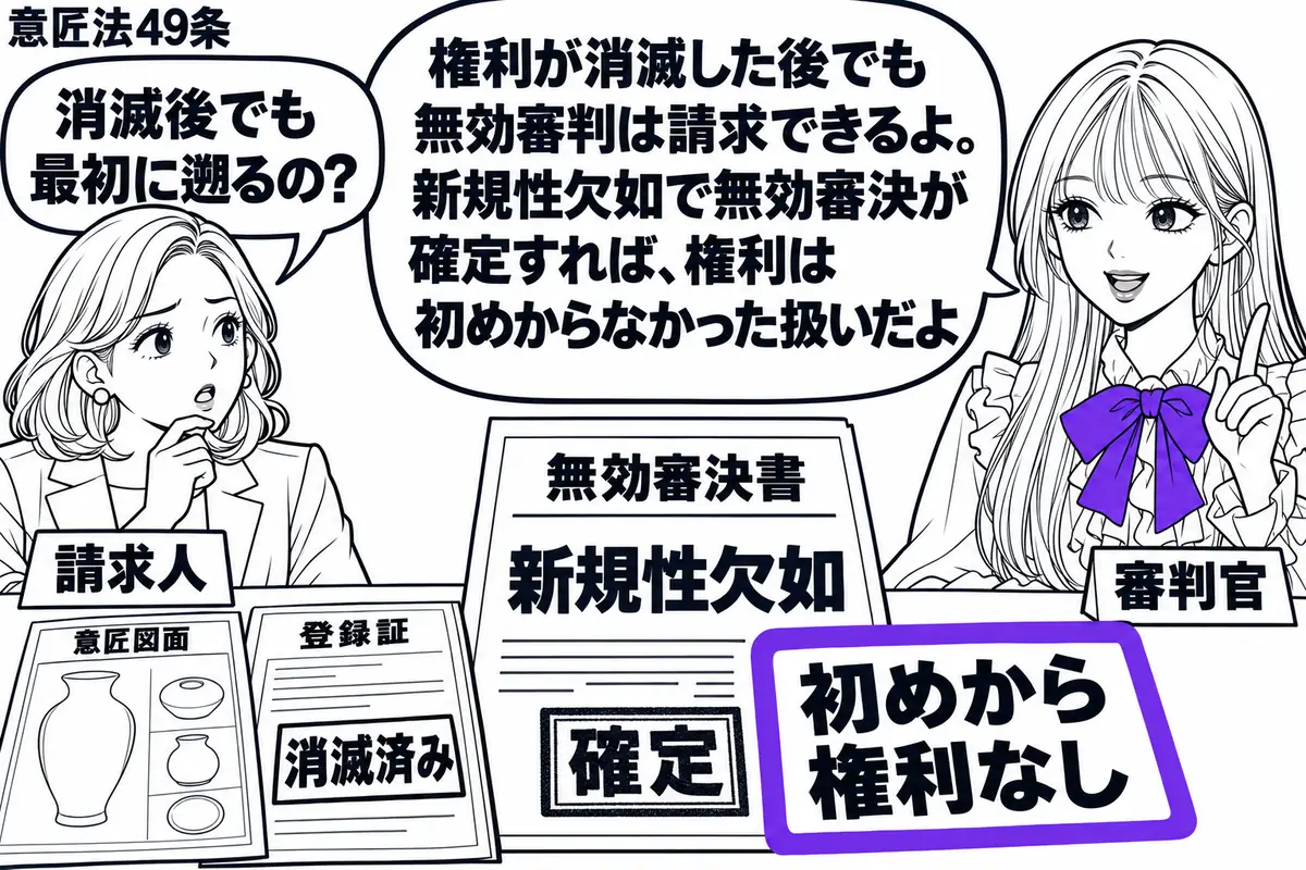 先生が右の机で審判官役(札「審判官」)。左の女性(札「請求人」)が、意匠図面と消滅済みの権利の登録証を並べる。中央に「新規性欠如」の無効審決書を置き、確定を示す印の横の「初めから権利なし」の付箋をヴァイオレットの枠で囲む。先生の吹き出し「権