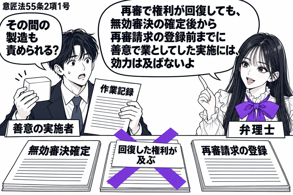 先生が右の相談机で弁理士役(札「弁理士」)。左の男性(札「善意の実施者」)が製品と作業記録を持つ。机に「無効審決確定」と「再審請求の登録」の書類を間隔を空けて置き、その間の作業記録に「回復した権利が及ぶ」の付箋を貼ってヴァイオレットの×印。