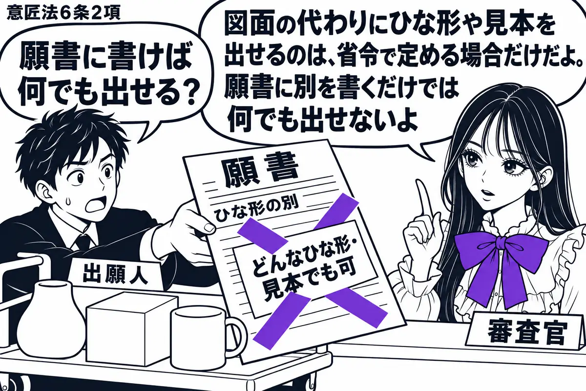 先生が右の窓口にいる審査官役（札「審査官」）。左の男性（札「出願人」）が大きな模型と見本を台車に載せ、ひな形の別を記載した願書を差し出す。願書に貼った「どんなひな形・見本でも可」の付箋にヴァイオレットの×印。先生の吹き出し「図面の代わりにひ