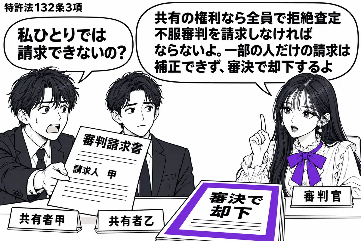 先生が右の審判の机に座る審判官役(札「審判官」)。左に審判請求書を差し出す男性(札「共有者甲」)、少し離れた椅子に手を出さない男性(札「共有者乙」)。請求書の請求人欄は甲だけで、机上の「審決で却下」の書類をヴァイオレットの枠で囲む。先生の吹