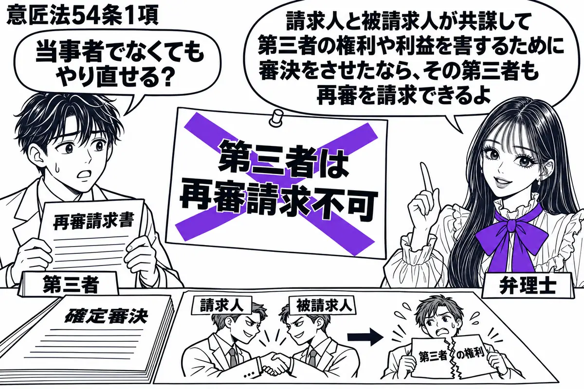 先生が右の相談机に立つ弁理士役(札「弁理士」)。左に再審請求書を持つ男性(札「第三者」)。机には確定審決の書類と、請求人と被請求人が手を組み第三者の権利を傷つける様子を描いた図。「第三者は再審請求不可」の付箋にヴァイオレットの×印を付ける。