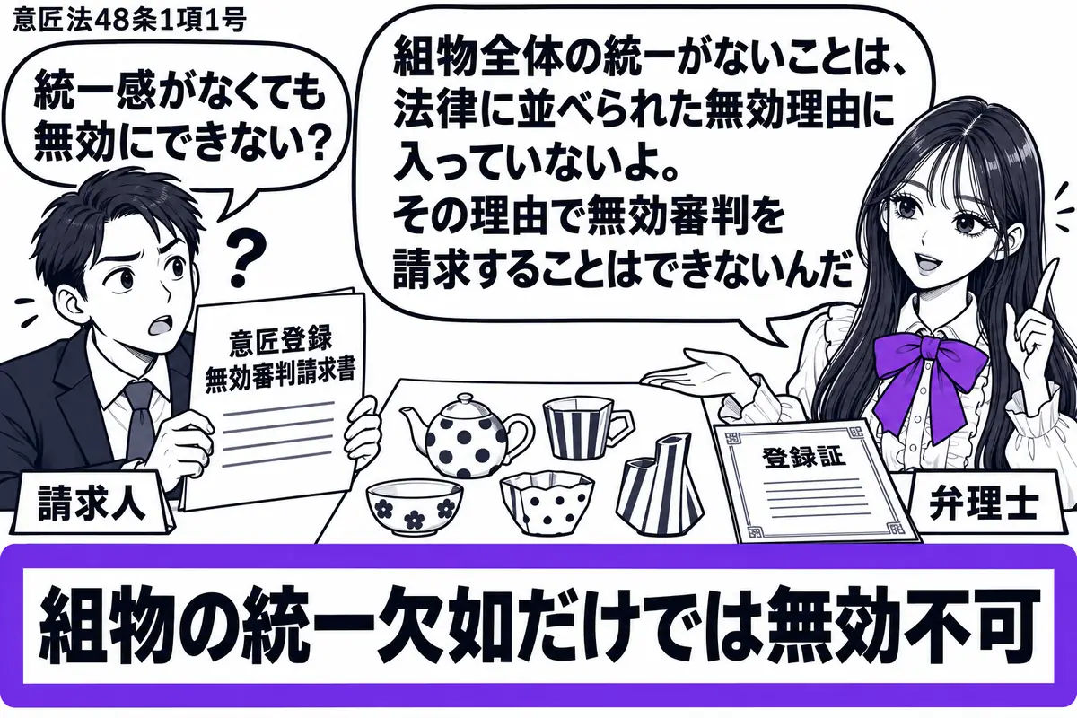 先生が右の相談机に立つ弁理士役(札「弁理士」)。左に意匠登録無効審判請求書を持つ男性(札「請求人」)。机に模様も形もそろわない茶器一式の意匠図面と登録証を並べる。「組物の統一欠如だけでは無効不可」の付箋をヴァイオレットの枠で囲む。先生の吹き