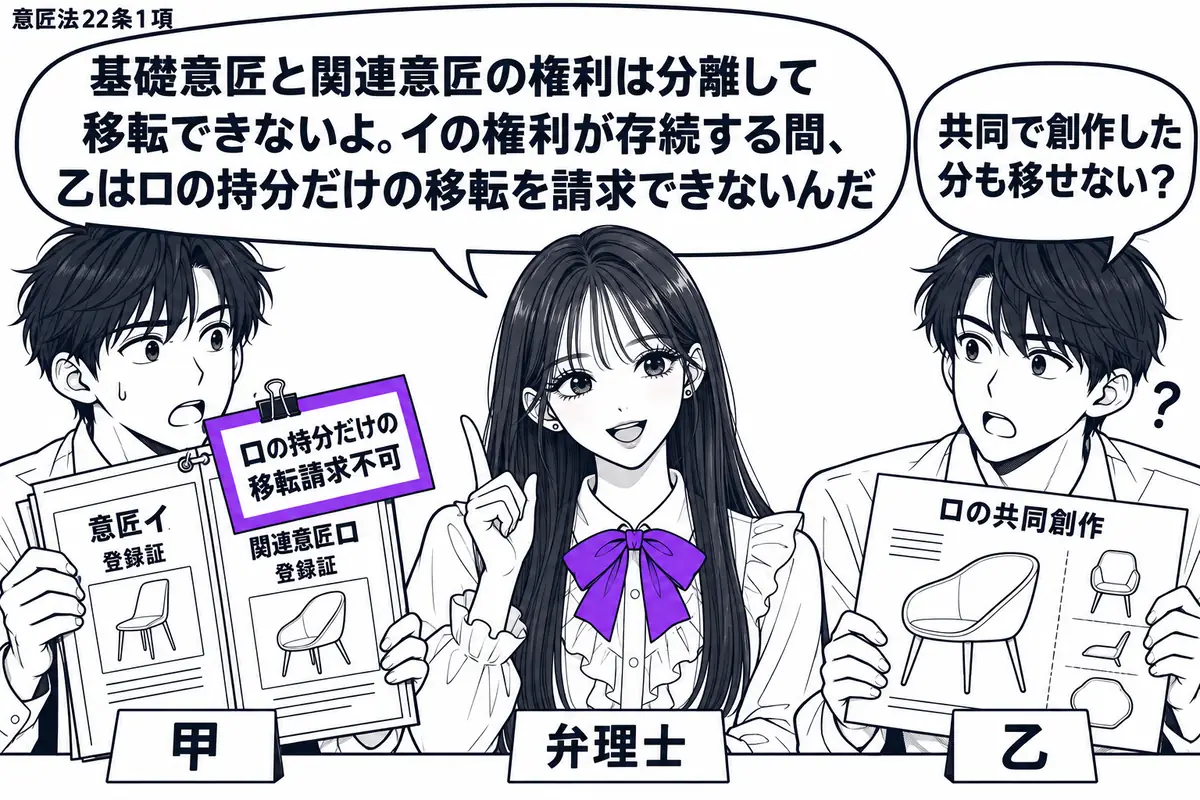 先生が中央の相談机に立つ弁理士役（札「弁理士」）。左に意匠イと関連意匠ロの登録証を持つ男性（札「甲」）、右にロの共同創作の図面を持つ男性（札「乙」）。二枚の登録証を同じ留め具で束ね、「ロの持分だけの移転請求不可」の付箋をヴァイオレットの枠で