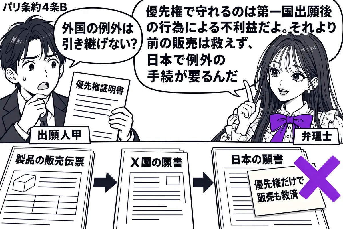 先生が右の相談机にいる弁理士役(札「弁理士」)。左の男性(札「出願人甲」)が優先権証明書を持つ。机には製品の販売伝票、X国の願書、日本の願書を古い順に並べ、日本の願書の付箋「優先権だけで販売も救済」にヴァイオレットの×印。先生の吹き出し「優