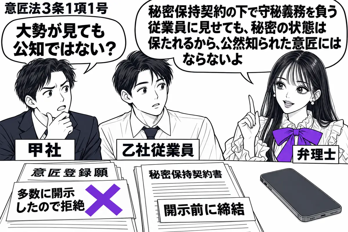 先生が弁理士役（札「弁理士」）で右。左に依頼人（札「甲社」）、中央に試作担当者（札「乙社従業員」）を置く。机にはスマートフォンの試作品と、開示前に締結した秘密保持契約書。依頼人の意匠登録願に貼った「多数に開示したので拒絶」の付箋にヴァイオレ
