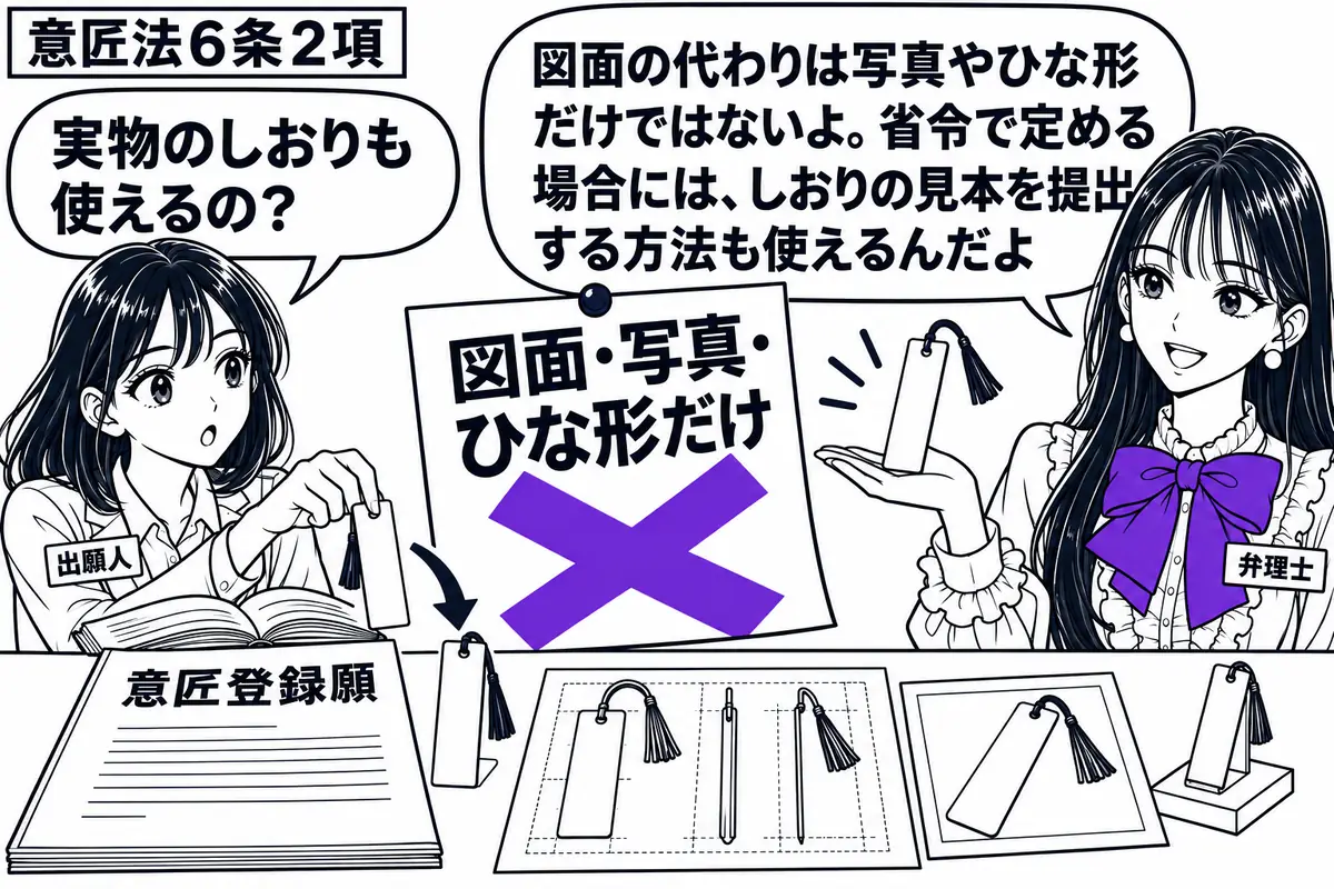 先生が弁理士役（札「弁理士」）で右。左の出願人（札「出願人」）が本からしおりを取り出し、意匠登録願の横へ置く。机には図面と写真、小さなひな形を並べ、先生は実物のしおりを手のひらに載せる。「図面・写真・ひな形だけ」の付箋にヴァイオレットの×印