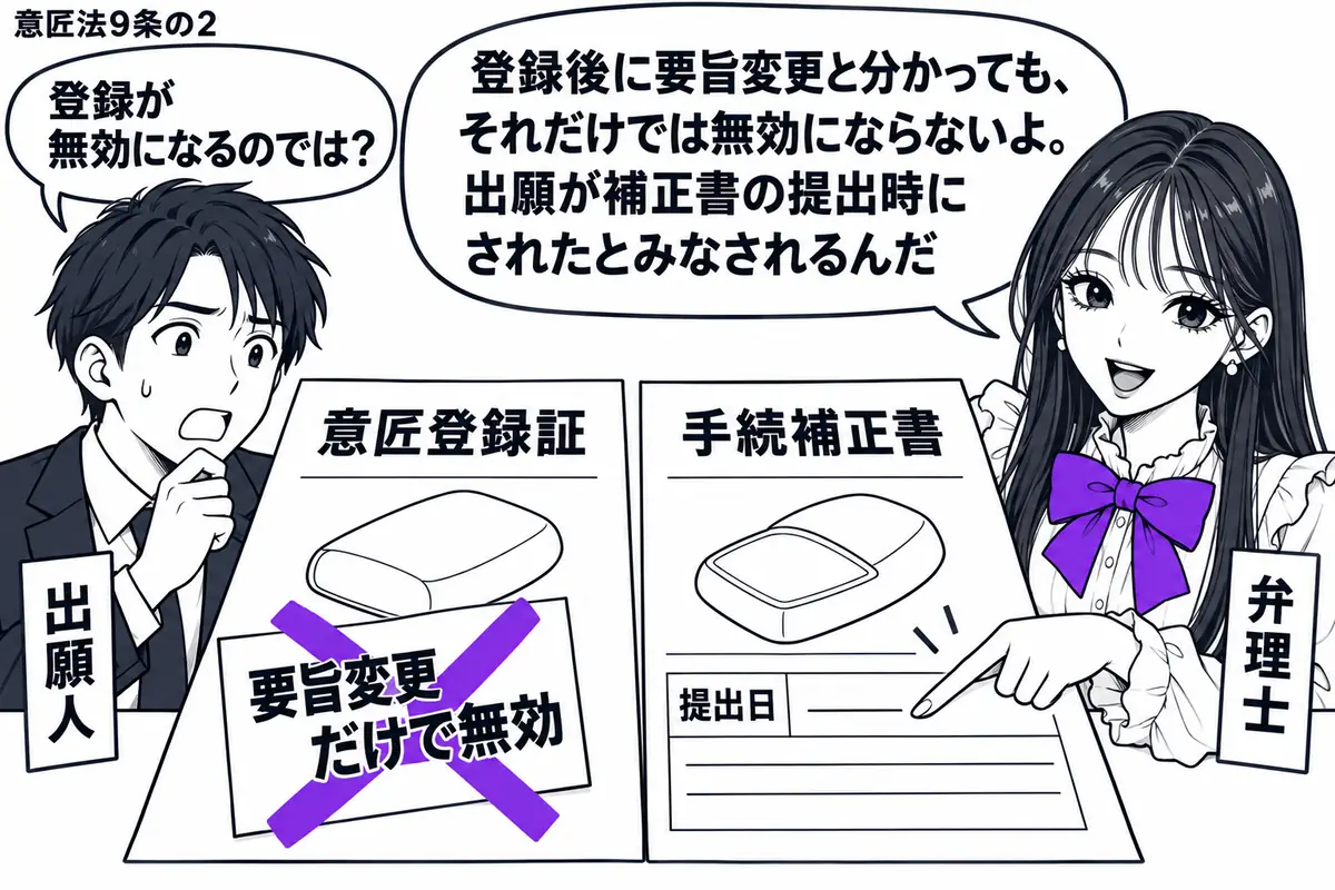 先生が机の右で弁理士役(札「弁理士」)。左の出願人(札「出願人」)が意匠登録証と、形状を変えた図面付きの手続補正書を並べる。登録証に貼った「要旨変更だけで無効」の付箋に大きなヴァイオレットの×印。先生は補正書の提出日を指す。先生の吹き出し「
