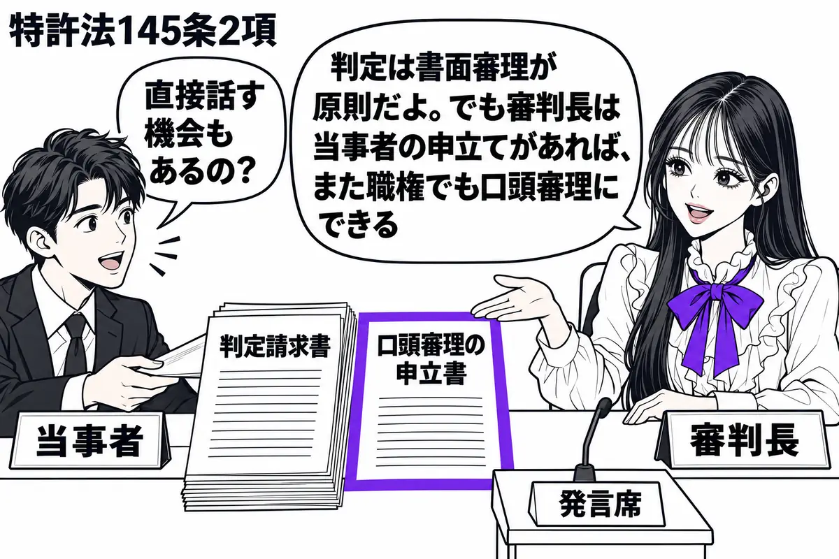 先生が右の審理机で審判長役(札「審判長」)。中央に判定請求書の束と口頭審理の申立書を並べ、申立書をヴァイオレットの枠で囲む。左の男性(札「当事者」)が書類を差し出し、先生は机の向こうの発言席へ手を向ける。先生の吹き出し「判定は書面審理が原則