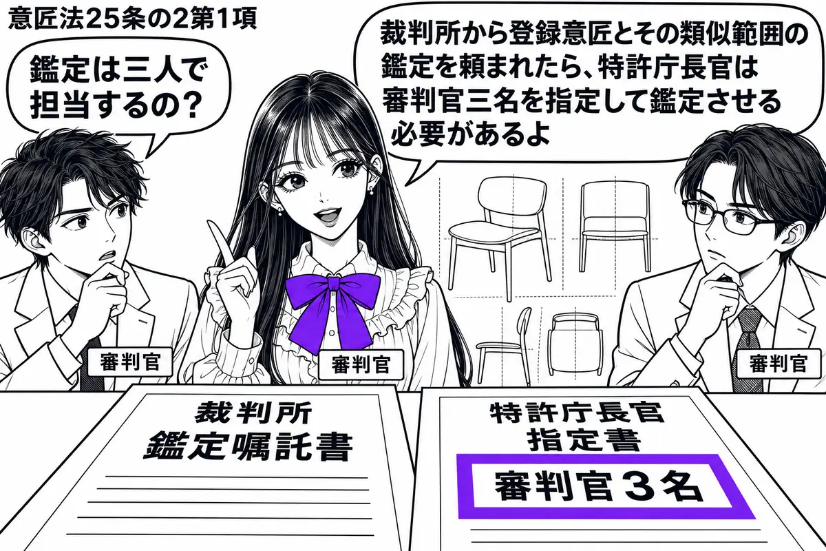 先生が中央で審判官役（札「審判官」）。左右にも審判官を一人ずつ置き、三人で意匠図面を囲む。机の手前に裁判所の鑑定嘱託書と長官の指定書を並べ、指定書の「審判官３名」をヴァイオレットの枠で囲む。先生の吹き出し「裁判所から登録意匠とその類似範囲の