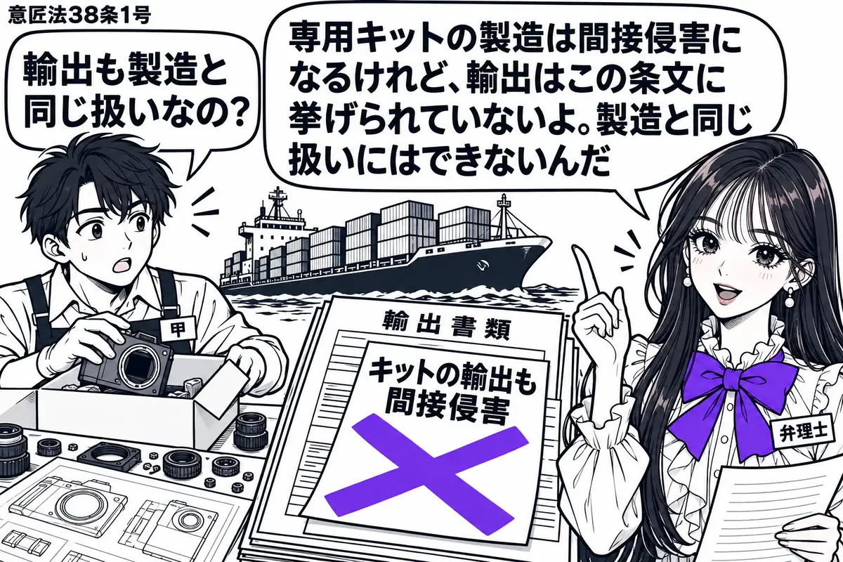 先生が弁理士役(札「弁理士」)で右側。左に専用組立てキットを箱詰めする男性(札「甲」)。机にはカメラの意匠図面と組立て途中の部品を置き、奥に海外へ運ぶ貨物船を描く。輸出書類の付箋「キットの輸出も間接侵害」に大きなヴァイオレットの×印。先生の