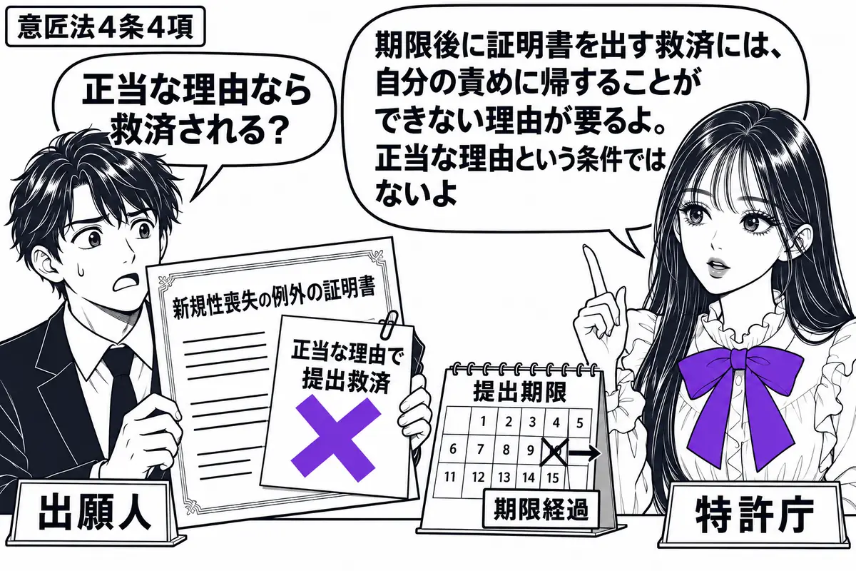 先生が右の窓口にいる特許庁役（札「特許庁」）。左の男性（札「出願人」）が新規性喪失の例外の証明書を持ち、机には提出期限を過ぎたカレンダーを置く。証明書に貼った付箋「正当な理由で提出救済」にヴァイオレットの×印を付ける。先生の吹き出し「期限後