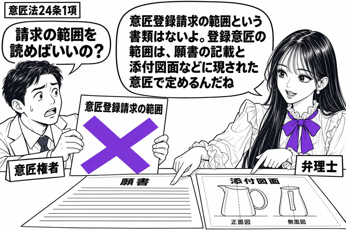 先生が弁理士役（札「弁理士」）で右側。左の相談者（札「意匠権者」）が「意匠登録請求の範囲」と書いた紙を差し出す。その紙に大きなヴァイオレットの×印。机には願書と添付図面を広げ、先生が図面に描かれた製品の形と願書の記載を指している。先生の吹き
