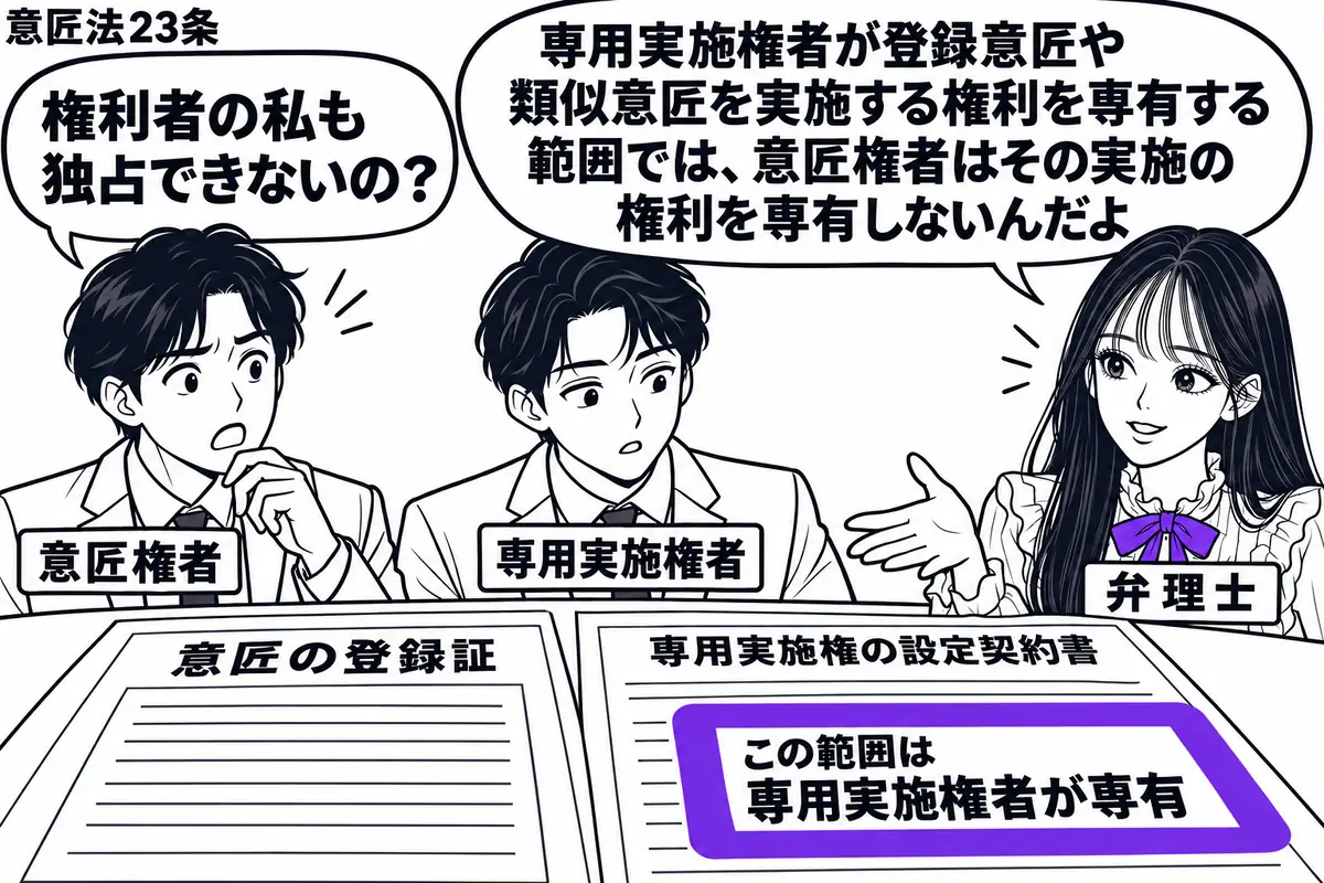 先生が弁理士役（札「弁理士」）で右側。左に２人（札「意匠権者」「専用実施権者」）、机に意匠の登録証と専用実施権の設定契約書を広げる。契約書の「この範囲は専用実施権者が専有」の付箋をヴァイオレットの枠で囲み、意匠権者は手を止めて見つめる。先生