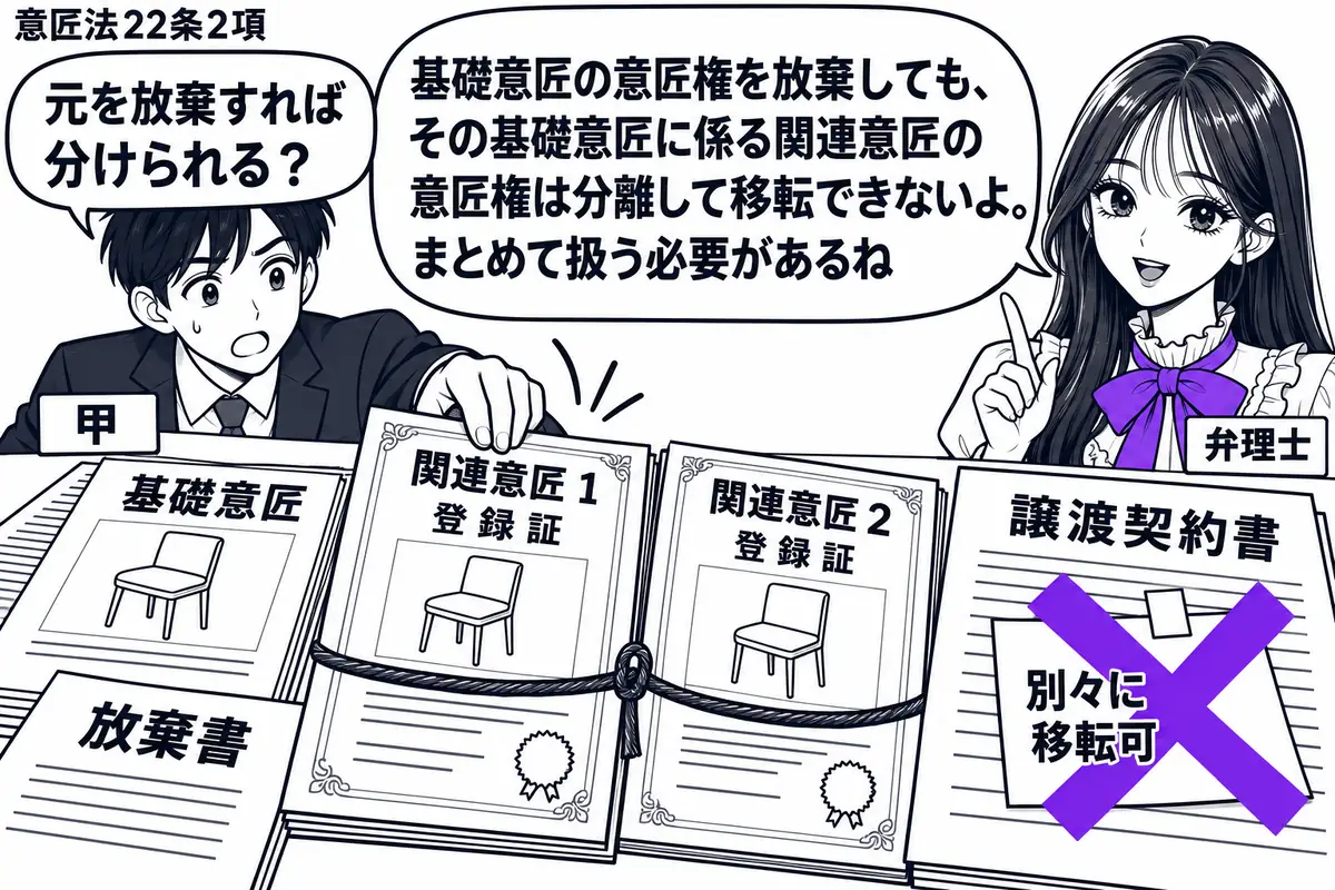 先生が弁理士役（札「弁理士」）で右側。左に意匠権者（札「甲」）、机には基礎意匠の放棄書と、関連意匠２件の登録証をひもで束ねて置く。甲が片方の登録証だけを取り出そうとし、横の譲渡契約書に貼った「別々に移転可」の付箋にヴァイオレットの×印。先生