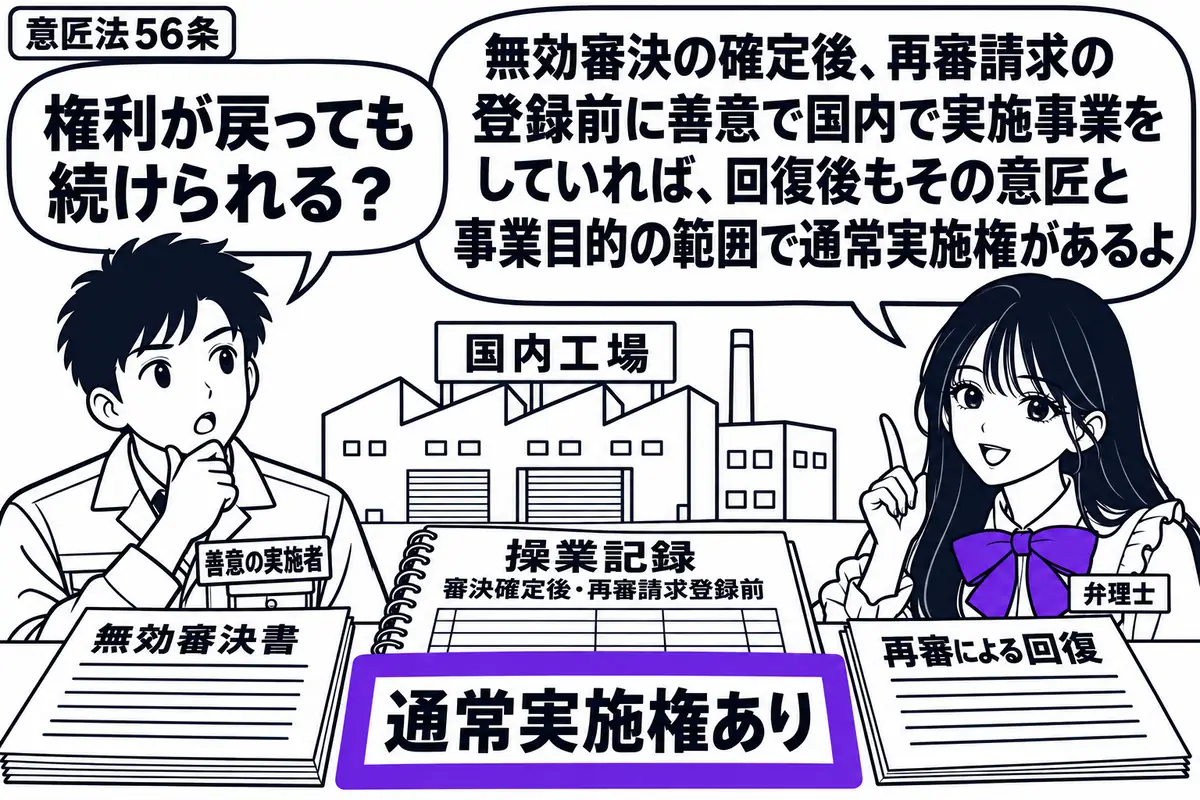 先生が弁理士役（札「弁理士」）で右側。左に事業者（札「善意の実施者」）、机に無効審決書と再審による回復の書類を置く。間に国内工場の絵を添え、「審決確定後・再審請求登録前」の操業記録を置く。その「通常実施権あり」の付箋をヴァイオレットの枠で囲