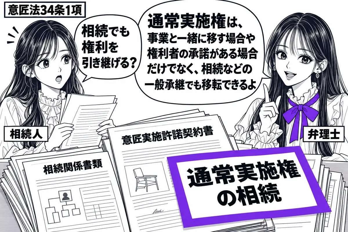 先生が弁理士役（札「弁理士」）で右に立つ。左に遺産の書類を持つ女性（札「相続人」）。机には故人の意匠実施許諾契約書と相続関係の書類が重ねてあり、「通常実施権の相続」の付箋をヴァイオレットの枠で囲む。先生の吹き出し「通常実施権は、事業と一緒に