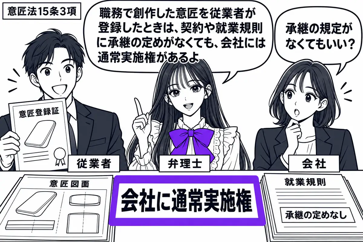 先生が弁理士役(札「弁理士」)で中央に立つ。左に意匠登録証を持つ男性(札「従業者」)、右に女性(札「会社」)。机に職務で描いた意匠図面と承継規定のない就業規則を置き、「会社に通常実施権」の付箋をヴァイオレットの枠で囲む。先生の吹き出し「職務