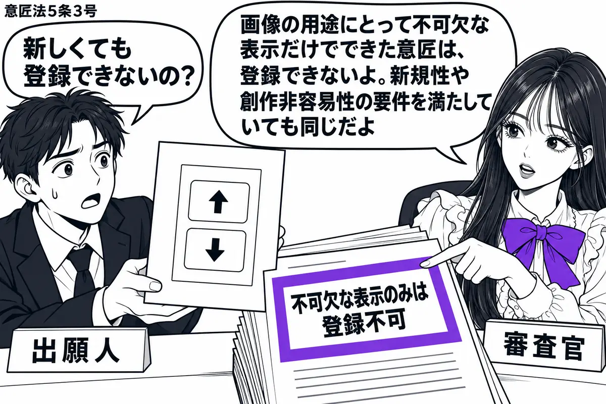 先生が右の審査机に座る審査官役（札「審査官」）。左に意匠図面を差し出す男性（札「出願人」）。中央の図面には用途に不可欠な表示だけを描き、装飾のない構成を見せる。横に置いた審査書類の「不可欠な表示のみは登録不可」の欄をヴァイオレットの枠で囲む