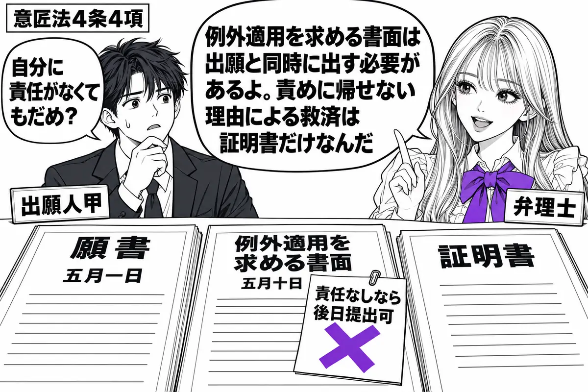 先生が弁理士役（札「弁理士」）で机の右。左に甲（札「出願人甲」）、机に五月一日の願書と五月十日に持参した例外適用を求める書面を置く。後者の付箋「責任なしなら後日提出可」にヴァイオレットの×印を付け、脇に証明書を分けて置く。先生の吹き出し「例