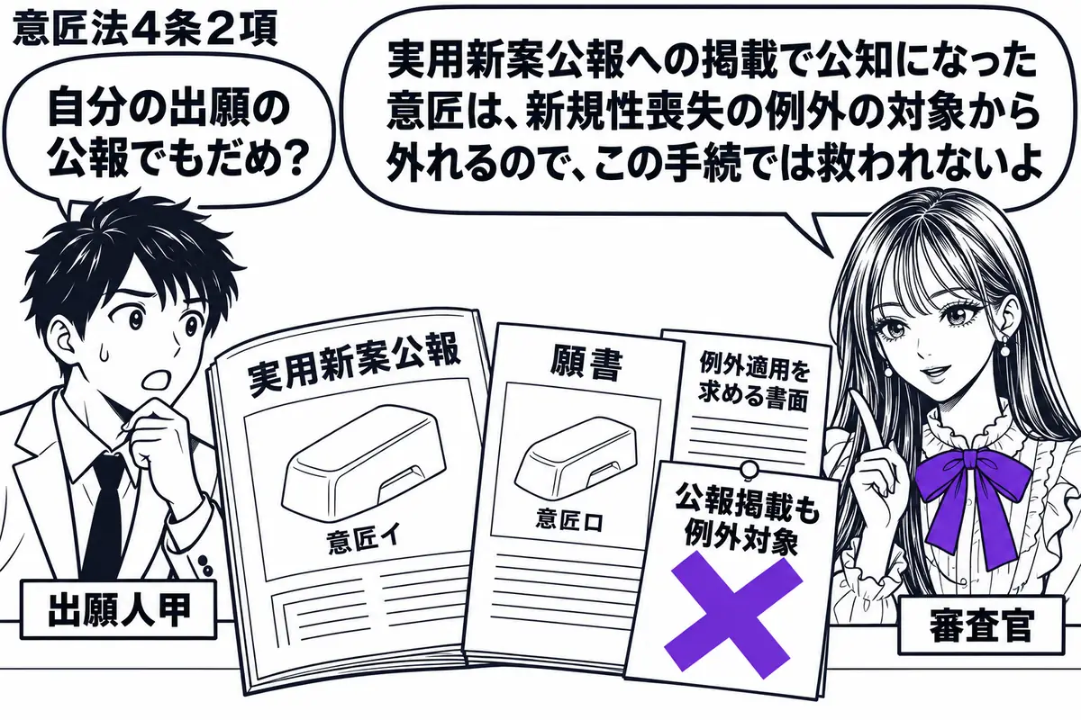 先生が審査官役（札「審査官」）で机の右。左に甲（札「出願人甲」）、中央に意匠イの図が載る「実用新案公報」を開き、隣に類似する意匠ロの願書と例外適用を求める書面を重ねる。書面の付箋「公報掲載も例外対象」にヴァイオレットの×印。先生の吹き出し「