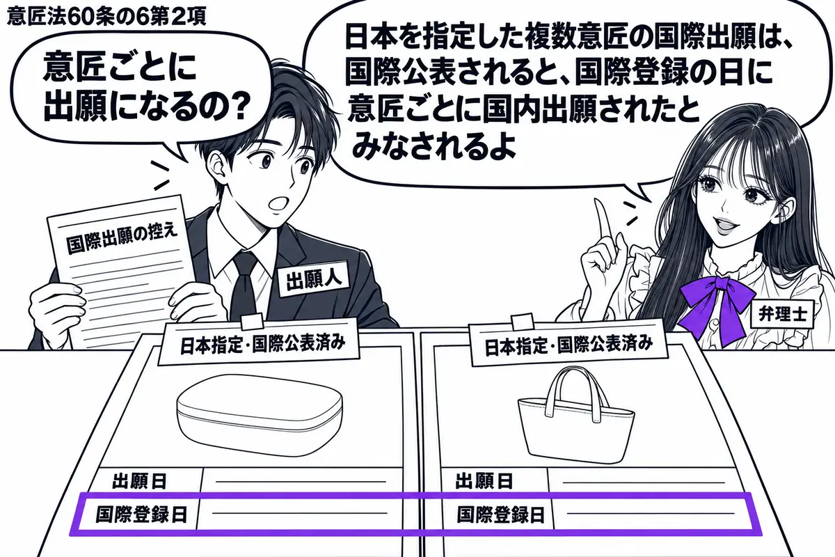 先生が弁理士役(札「弁理士」)で机の右。左に国際出願の控えを持つ男性(札「出願人」)。中央に「日本指定・国際公表済み」の付箋が付いた二つの意匠の書類を広げ、各意匠の出願日欄「国際登録日」を一つのヴァイオレットの枠で囲む。先生の吹き出し「日本
