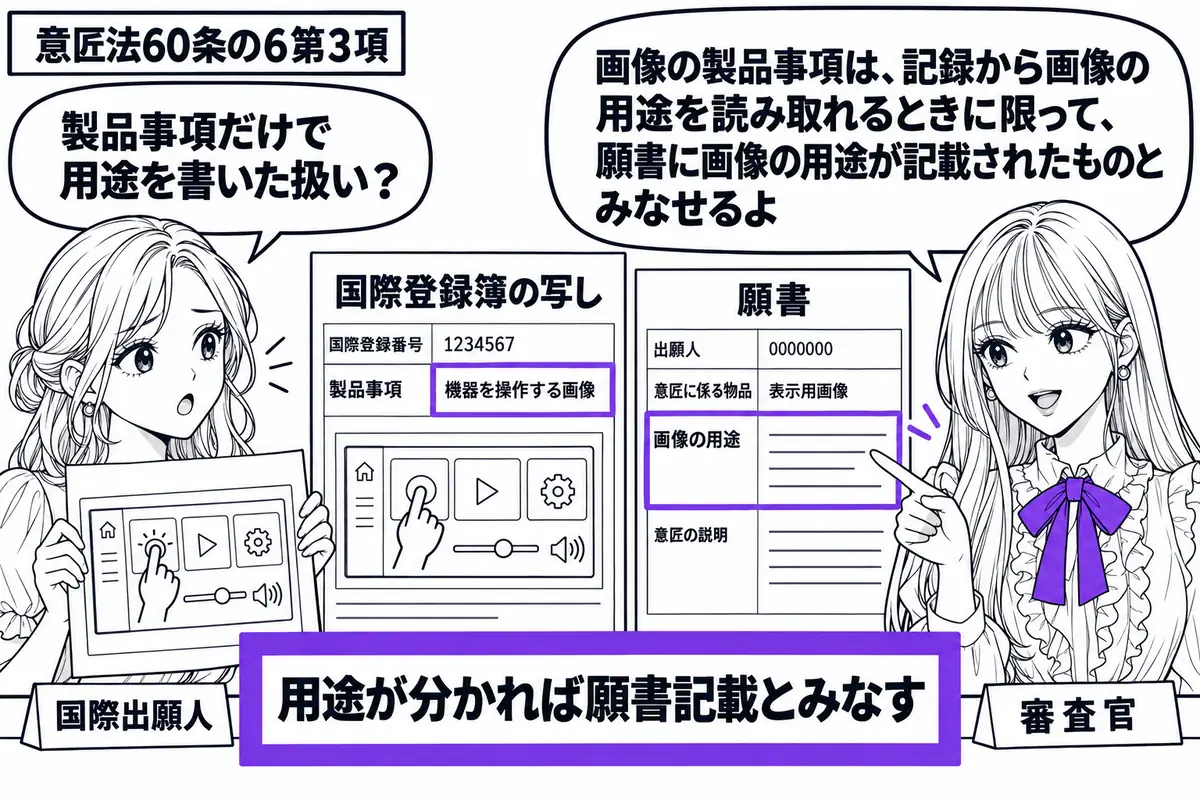 先生が右の窓口にいる審査官役(札「審査官」)。左に操作画像の図面を持つ女性(札「国際出願人」)。中央に国際登録簿の写しと願書を並べ、製品事項から用途が読み取れる箇所を指す。「用途が分かれば願書記載とみなす」の付箋にヴァイオレットの枠。先生の