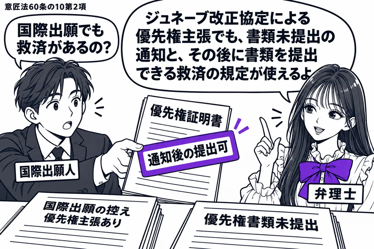 先生が弁理士役（札「弁理士」）で机の右。左に男性（札「国際出願人」）、机に優先権主張のある国際出願の控えと「優先権書類未提出」の通知を置く。男性が差し出す優先権証明書に付いた「通知後の提出可」の付箋をヴァイオレットの枠で囲む。先生の吹き出し