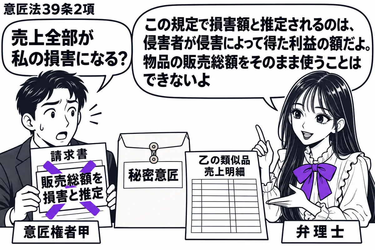 先生が右の相談机にいる弁理士役(札「弁理士」)。左に請求書を持つ男性(札「意匠権者甲」)。中央に秘密意匠の封筒と、乙の類似品の売上明細を置く。請求書に貼った「販売総額を損害と推定」の付箋にヴァイオレットの×印。先生の吹き出し「この規定で損害