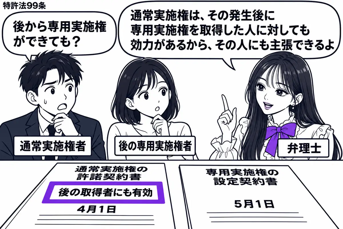 先生が弁理士役(札「弁理士」)で机の右。左に男性(札「通常実施権者」)、中央に女性(札「後の専用実施権者」)。机に日付順で通常実施権の許諾契約書と専用実施権の設定契約書を並べ、前者の付箋「後の取得者にも有効」をヴァイオレットの枠で囲む。先生