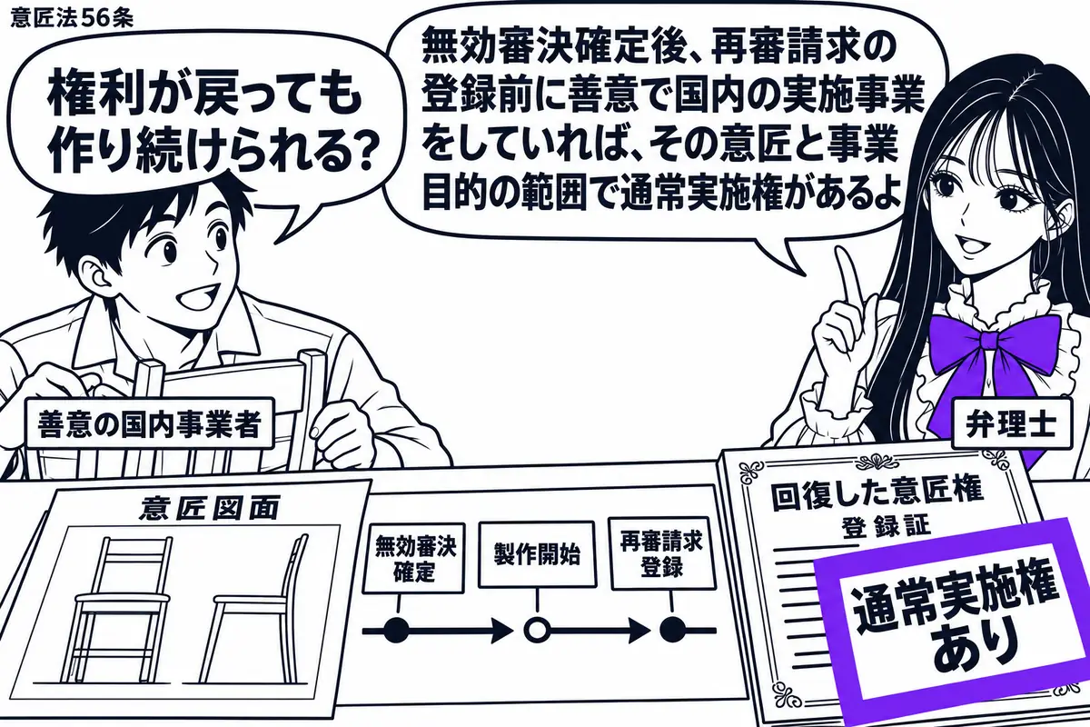 先生が弁理士役(札「弁理士」)で右。左に椅子を作る男性(札「善意の国内事業者」)。机の意匠図面の横に、無効審決確定と再審請求登録の間に製作開始を描いた時間軸。回復した意匠権の登録証に添えた「通常実施権あり」の付箋をヴァイオレットの枠で囲む。