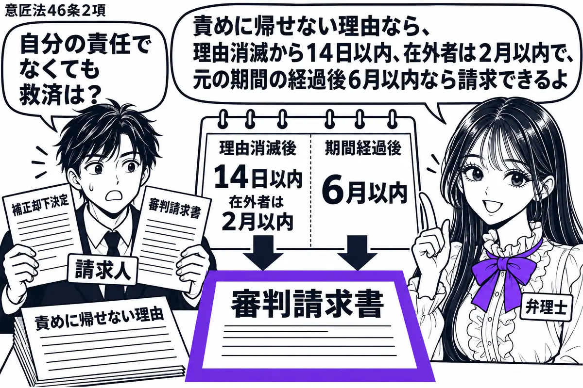 先生が弁理士役(札「弁理士」)で右。左に男性(札「請求人」)が補正却下決定と審判請求書を持つ。机に「責めに帰せない理由」の資料と期限を示す暦。理由消滅後と期間経過後の両期限内に置いた請求書をヴァイオレットの枠で囲む。先生の吹き出し「責めに帰