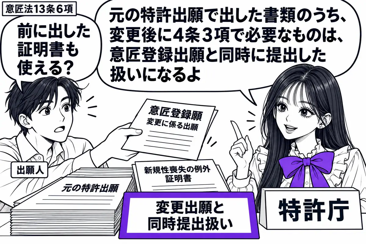 先生が右の窓口に座る特許庁役（札「特許庁」）。左の出願人（札「出願人」）が変更に係る意匠登録願を差し出す。中央に元の特許出願の書類束を置き、新規性喪失の例外の証明書に添えた「変更出願と同時提出扱い」の札をヴァイオレットの枠で囲む。先生の吹き