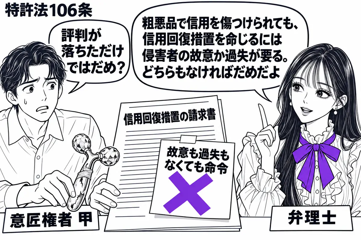先生が弁理士役(札「弁理士」)で右。左の男性(札「意匠権者 甲」)が、粗悪な美容用ローラーと信用回復措置の請求書を机に置く。請求書に貼った「故意も過失もなくても命令」の付箋にヴァイオレットの×印。先生の吹き出し「粗悪品で信用を傷つけられても