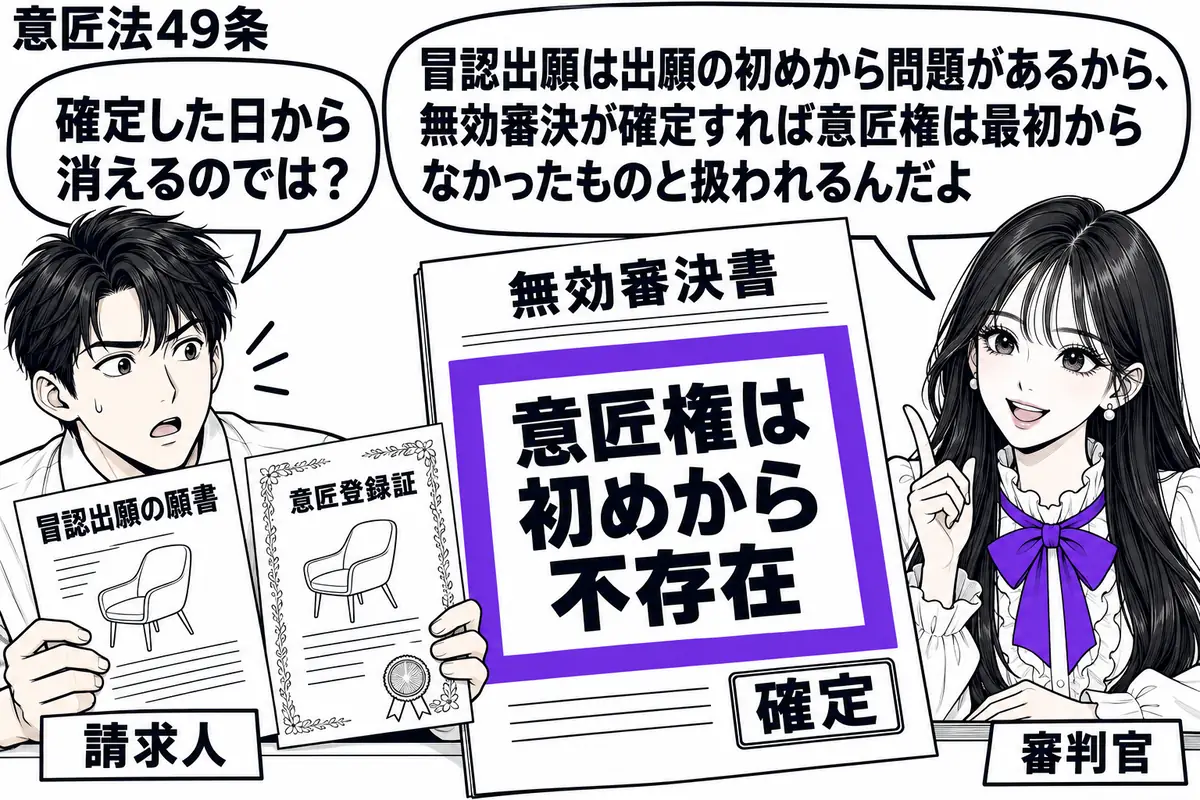 先生が審判官役(札「審判官」)で右の机に座る。左の男性(札「請求人」)が冒認出願の願書と意匠登録証を見比べる。中央に確定した無効審決書を広げ、その「意匠権は初めから不存在」の欄をヴァイオレットの枠で囲む。先生の吹き出し「冒認出願は出願の初め