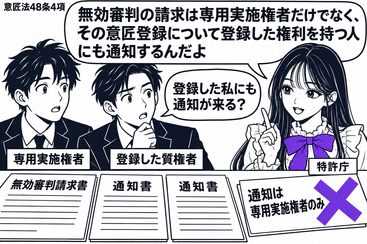 先生が特許庁役(札「特許庁」)で右の机に座る。左に男性二人(札「専用実施権者」「登録した質権者」)。机に無効審判請求書と二通の通知書を並べ、「通知は専用実施権者のみ」の付箋にヴァイオレットの×印。先生の吹き出し「無効審判の請求は専用実施権者