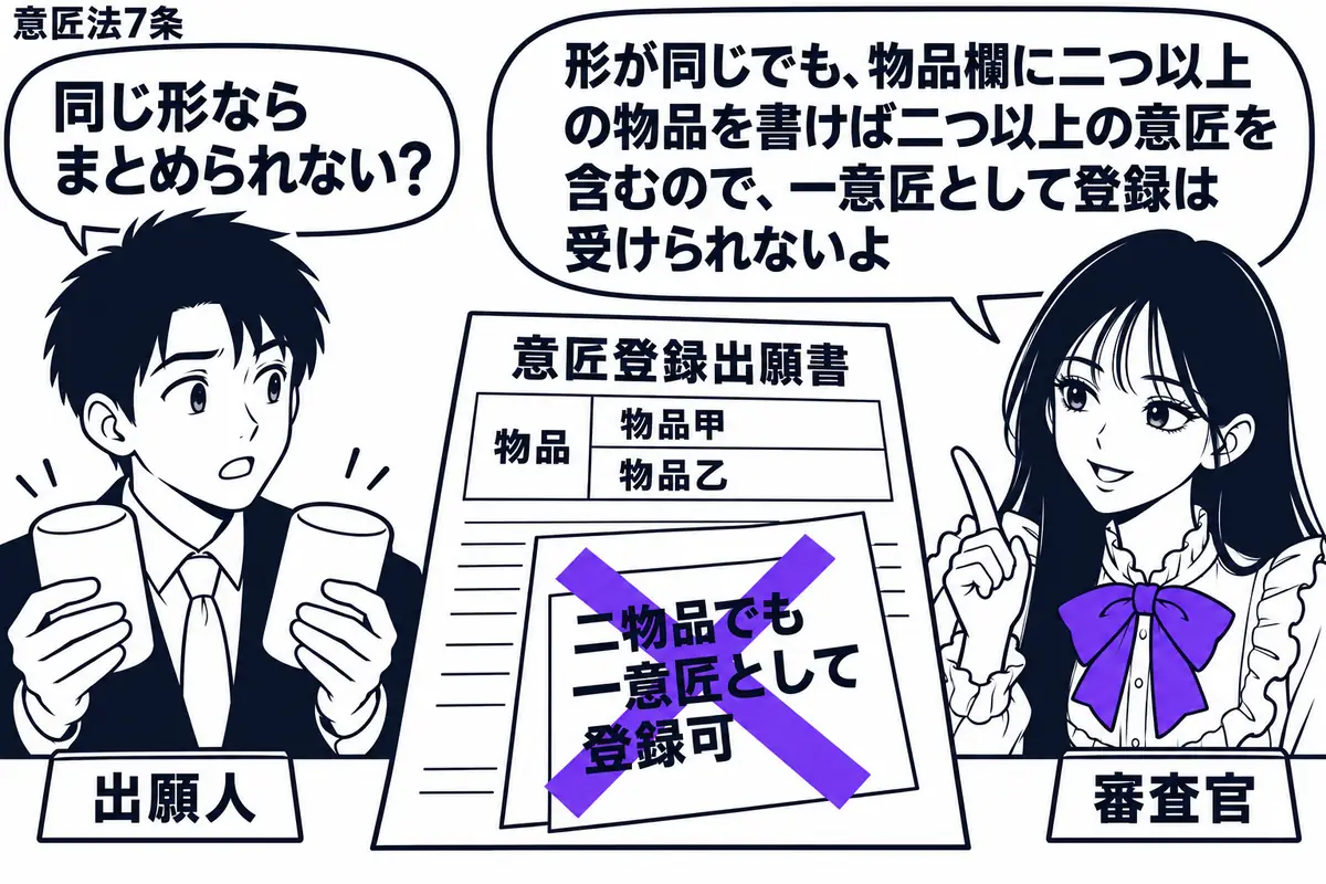 先生が右の窓口で説明する審査官役（札「審査官」）。左の男性（札「出願人」）が同じ形の二つの物品模型を持つ。机には物品欄を二段に書いた願書を広げ、貼られた付箋「二物品でも一意匠として登録可」に大きなヴァイオレットの×印。先生の吹き出し「形が同
