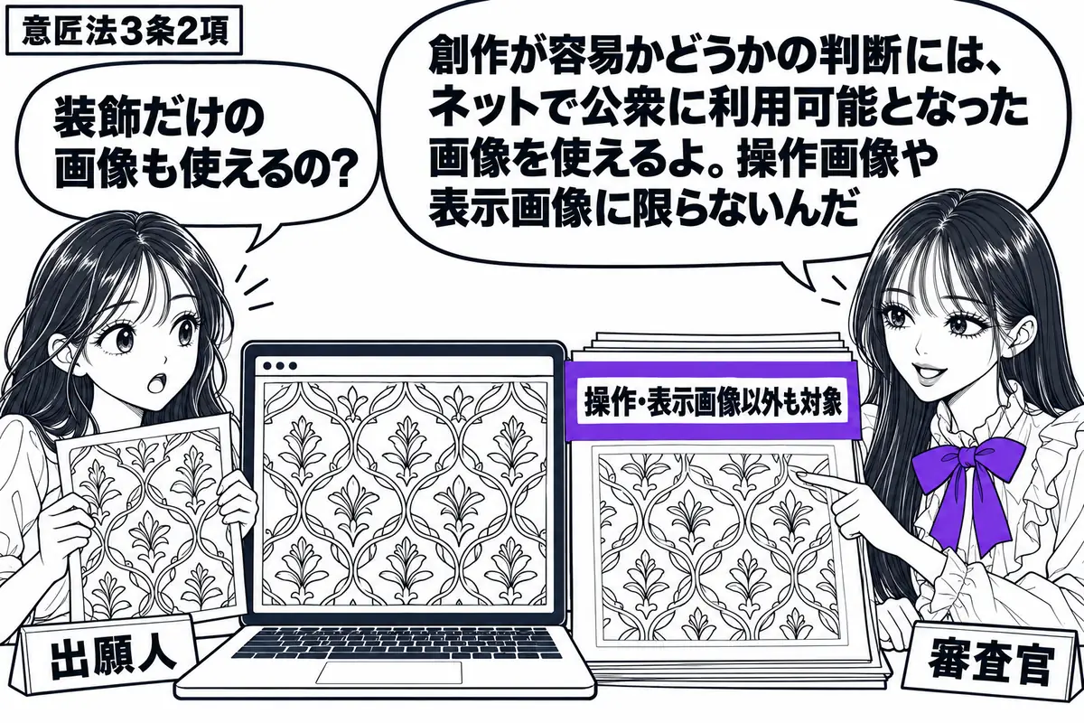 先生が右の机で資料を示す審査官役（札「審査官」）。左に意匠図面を持つ女性（札「出願人」）。中央のパソコンには公開された装飾模様の画像を映し、横の引用資料にある「操作・表示画像以外も対象」の欄をヴァイオレットの枠で囲む。先生の吹き出し「創作が