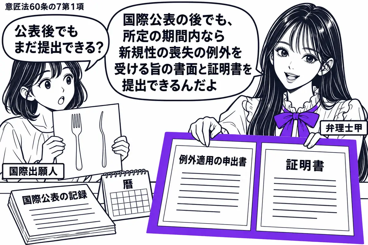 先生が右の相談机に立つ弁理士役(札「弁理士甲」)。左にフォークの意匠図面を持つ女性(札「国際出願人」)。机には国際公表の記録と暦を置き、提出用の「例外適用の申出書」と「証明書」を一緒にヴァイオレットの枠で囲む。先生の吹き出し「国際公表の後で