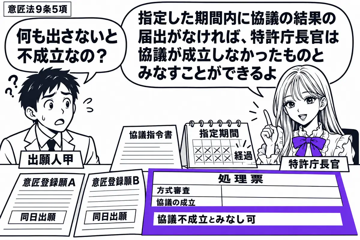先生が右の窓口に座る特許庁長官役（札「特許庁長官」）。左に何も提出せず立つ男性（札「出願人甲」）。机に同日出願の意匠登録願Ａ・Ｂと協議指令書、指定期間を過ぎた暦を置く。処理票の「協議不成立とみなし可」の欄をヴァイオレットの枠で囲む。先生の吹