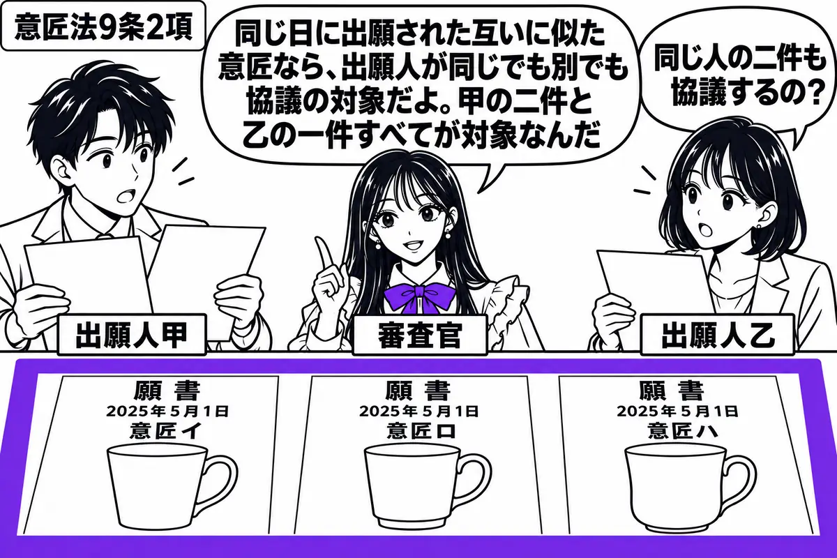 先生が中央の窓口に立つ審査官役（札「審査官」）。左に願書二枚を出す男性（札「出願人甲」）、右に願書一枚を出す女性（札「出願人乙」）。机に並ぶ三枚は同じ日付で、互いに似た意匠イ・ロ・ハの図面付き。三枚全体を一つのヴァイオレットの枠で囲む。先生