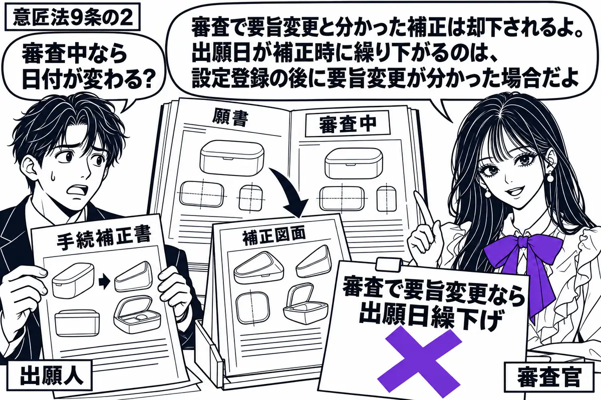 先生が机の右で審査官役（札「審査官」）。左に図面付きの手続補正書を持つ男性（札「出願人」）。中央に審査中の願書を開き、要旨を変えた補正図面を重ねる。付箋「審査で要旨変更なら出願日繰下げ」にヴァイオレットの×印。先生の吹き出し「審査で要旨変更
