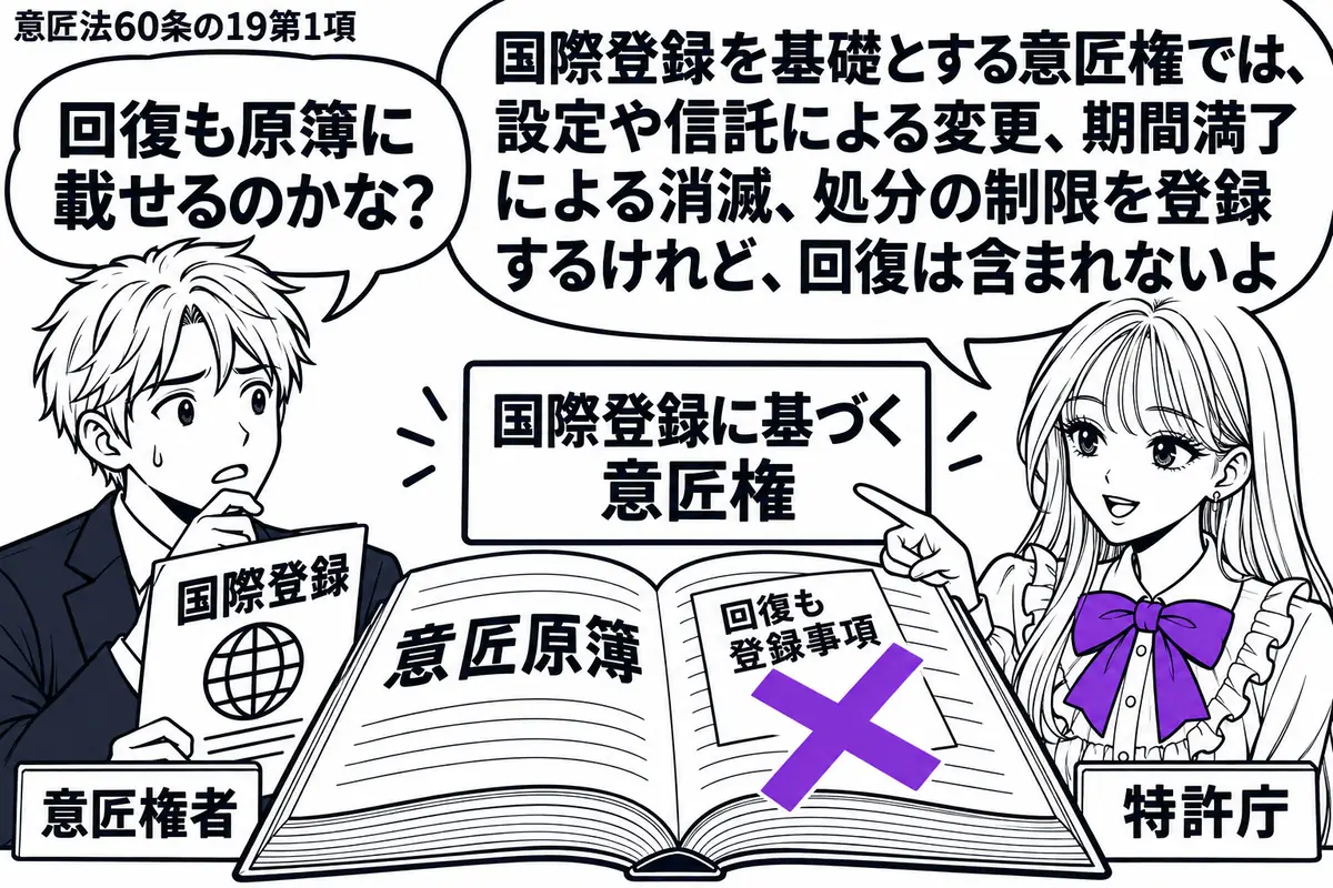 先生が特許庁の窓口役(札「特許庁」)で右に立つ。左に国際登録の書類を持つ男性(札「意匠権者」)。中央に意匠原簿を開き、その脇の「国際登録に基づく意匠権」の札を先生が示す。原簿に貼られた「回復も登録事項」の付箋にヴァイオレットの×印。先生の吹