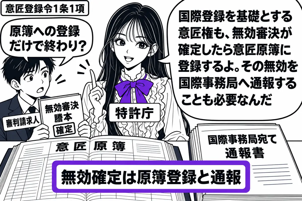 先生が窓口の中央で特許庁役（札「特許庁」）。左に確定した無効審決の謄本を持つ男性（札「審判請求人」）。机に開いた意匠原簿と、国際事務局宛ての通報書を並べる。二つにまたがる付箋「無効確定は原簿登録と通報」をヴァイオレットの枠で囲む。先生の吹き