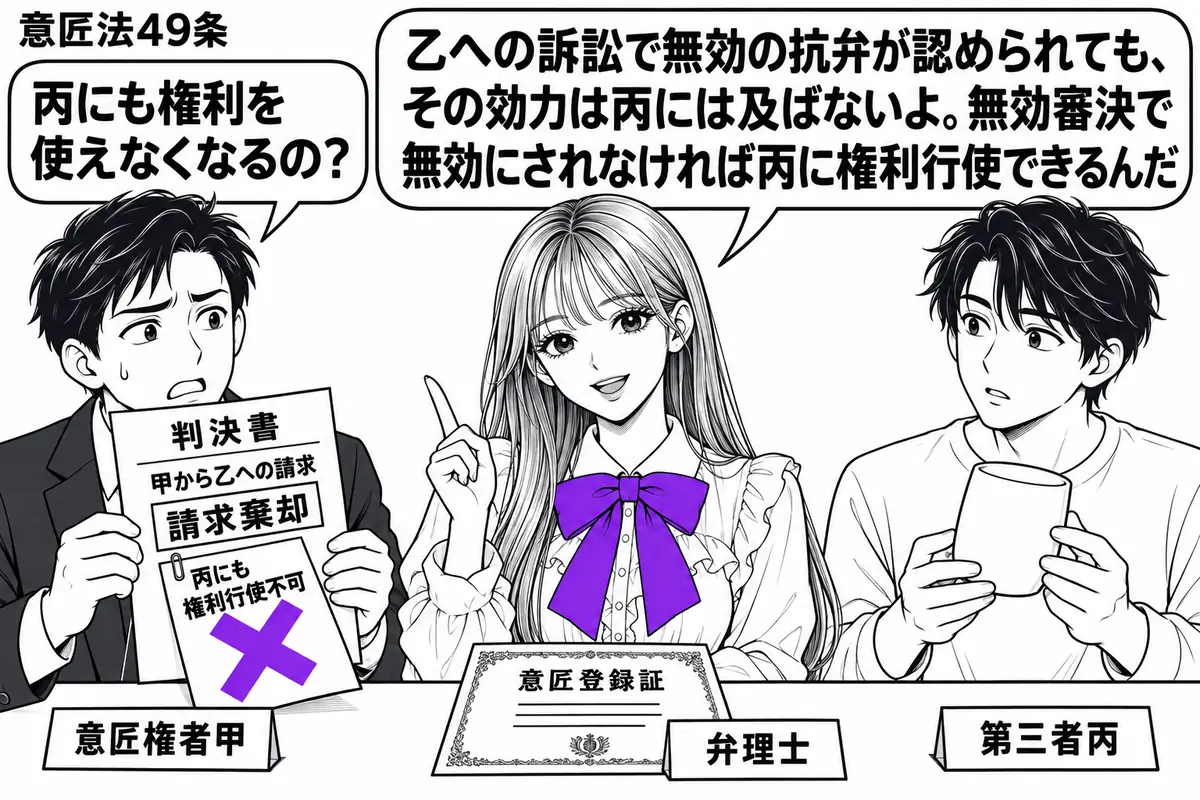 先生が中央の相談机にいる弁理士役(札「弁理士」)。左に乙との訴訟の請求棄却判決を持つ男性(札「意匠権者甲」)、右に製品を持つ男性(札「第三者丙」)。机には登録証を残し、判決書に添えた「丙にも権利行使不可」の付箋にヴァイオレットの×印を付ける