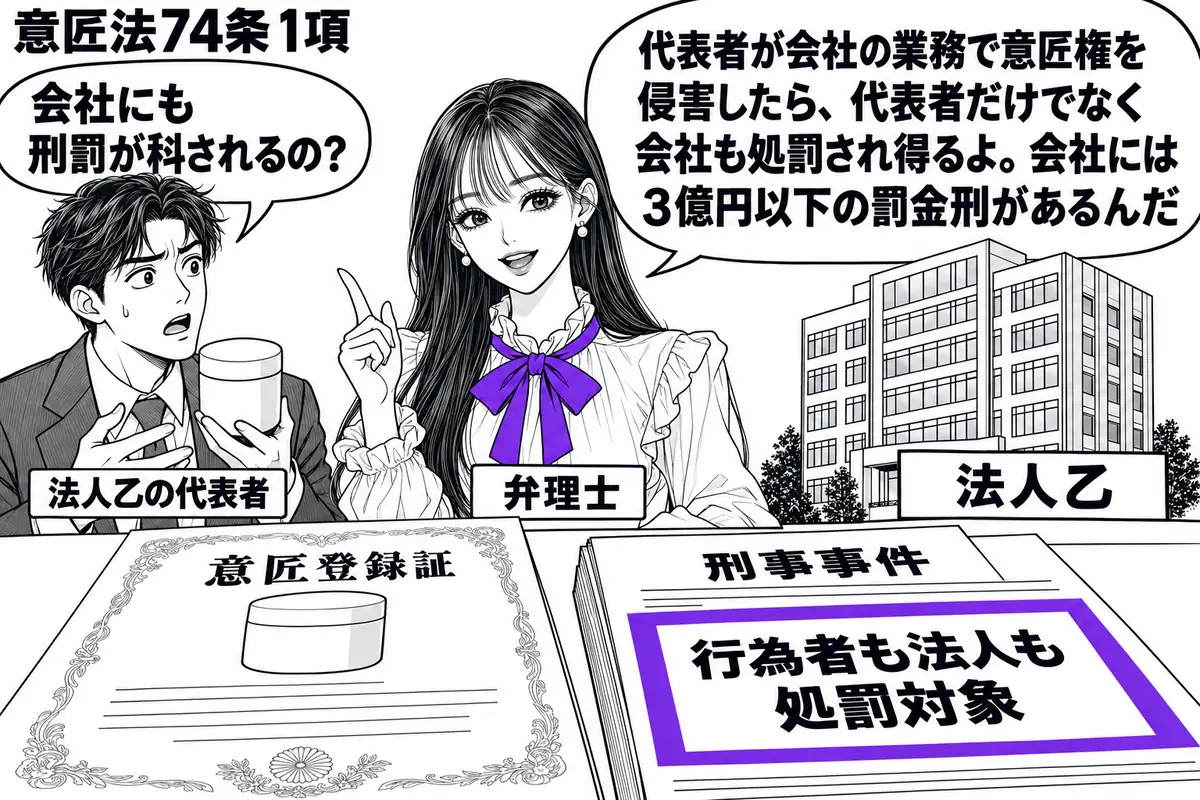 先生が弁理士役(札「弁理士」)で中央に立つ。左に侵害品を持つ男性(札「法人乙の代表者」)、右に会社の建物の模型(札「法人乙」)。机に意匠登録証と刑事事件の書類を置き、書類の「行為者も法人も処罰対象」の欄をヴァイオレットの枠で囲む。先生の吹き