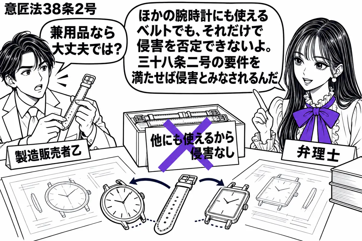 先生が右の相談机にいる弁理士役(札「弁理士」)。左に腕時計のベルトを持つ男性(札「製造販売者乙」)。机には意匠図面と形の異なる二つの腕時計を置き、同じベルトを装着できる様子を示す。ベルトの箱に貼った「他にも使えるから侵害なし」の付箋にヴァイ