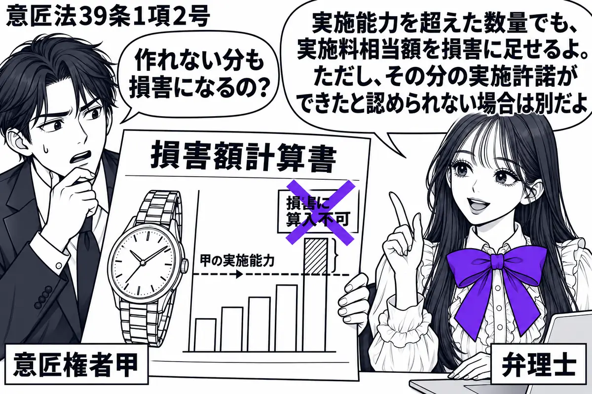 先生が右の相談机で弁理士役(札「弁理士」)。左の甲(札「意匠権者甲」)が、腕時計の絵を添えた「損害額計算書」を広げる。数量の棒グラフは甲の実施能力の境界を墨線で示し、超過部分に添えた「損害に算入不可」の付箋にヴァイオレットの×印。先生の吹き
