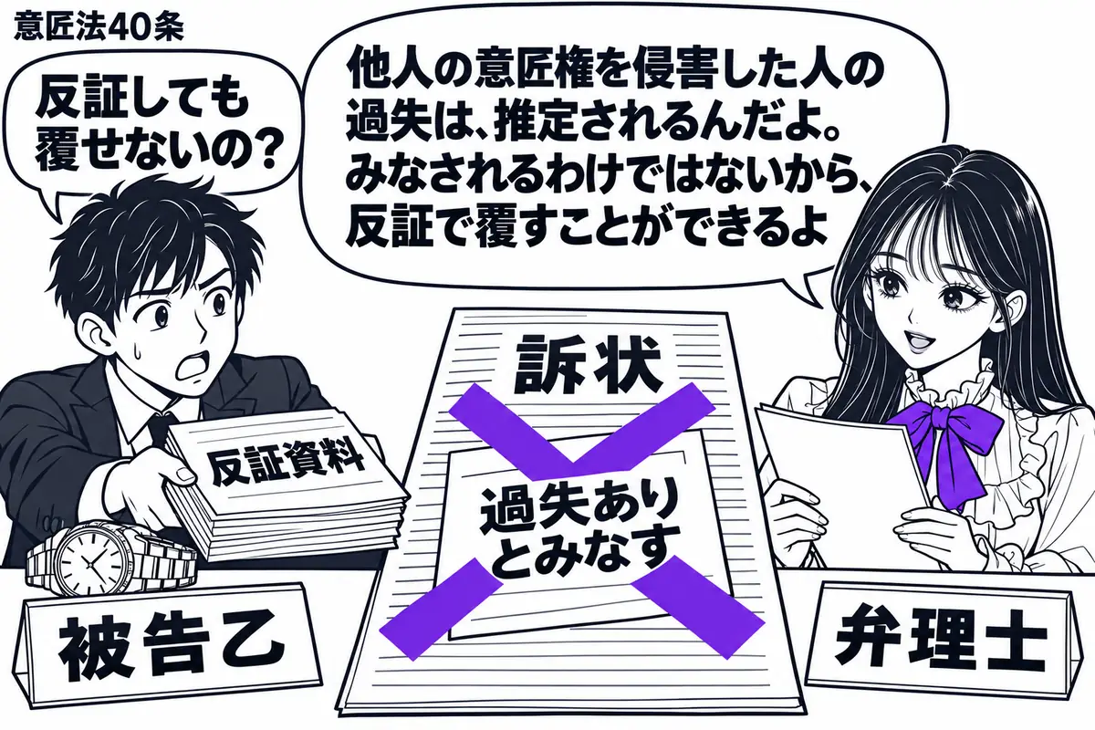 先生が右の相談机で弁理士役(札「弁理士」)。左の乙(札「被告乙」)が、侵害に当たる腕時計と「反証資料」の束を置く。中央の「訴状」に貼られた「過失ありとみなす」の付箋に大きなヴァイオレットの×印。先生は乙が差し出す資料に目を向ける。先生の吹き