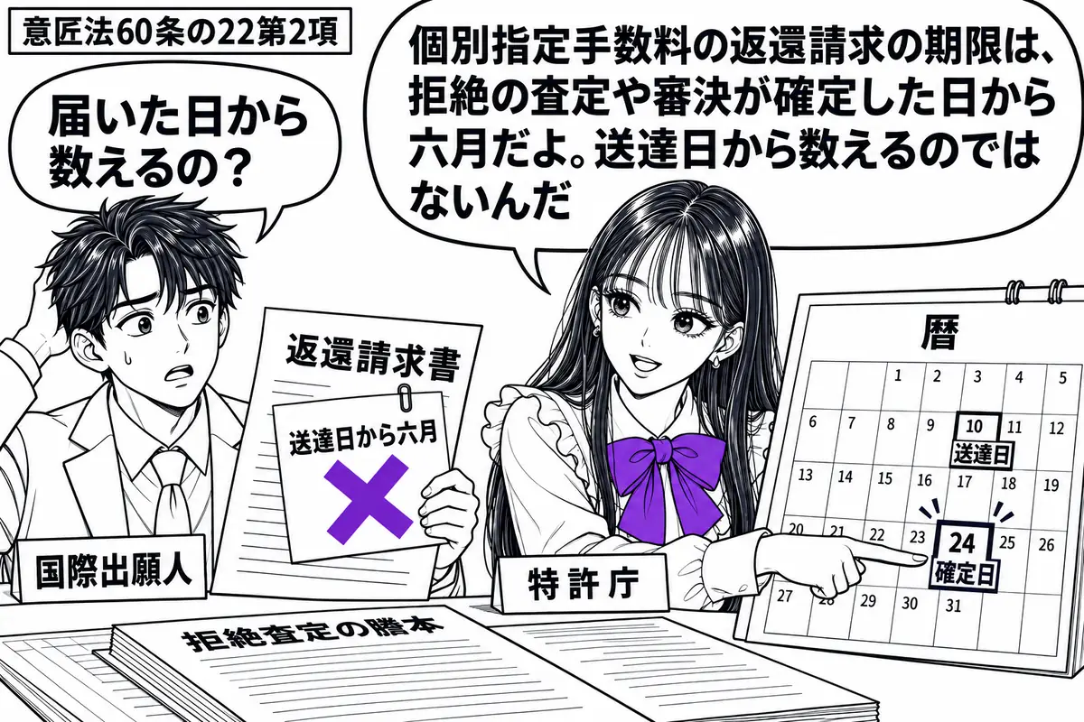 先生が右の窓口にいる特許庁役(札「特許庁」)。左に返還請求書を持つ男性(札「国際出願人」)。机に拒絶査定の謄本と暦を並べ、暦には送達日と確定日を別々に記す。請求書に貼った「送達日から六月」の付箋にヴァイオレットの×印。先生は確定日を指す。先